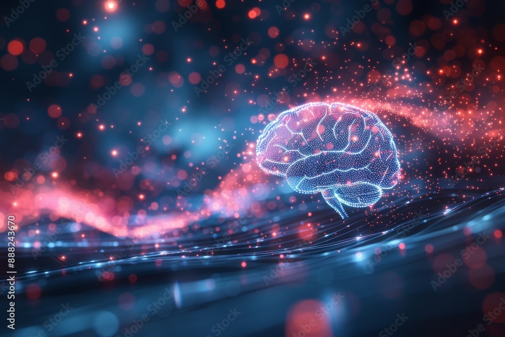 Poster futuristic digital art of a glowing brain with neural connections, symbolizing artificial intelligen