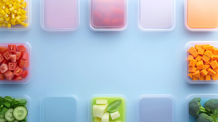 Trendy meal prepping in organized kitchens, top view, emphasizing healthy eating habits, cybernetic tone, Analogous Color Scheme