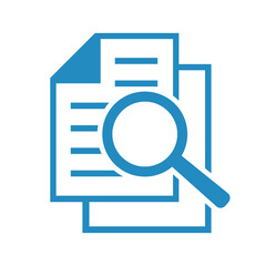 Dokument z lupą. Ikona kontroli i wyszukiwania dokumentów.