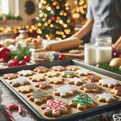 A close-up of Christmas cookies on a baking sheet, freshly decorated with icing and sprinkles