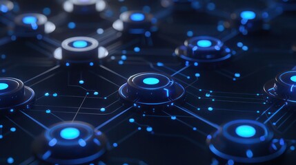 Obraz premium Sapphire blue nodes with electric blue links on a navy background, central text focus designed to stand out