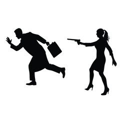 a business woman shooting out a robber, vector silhouette, 