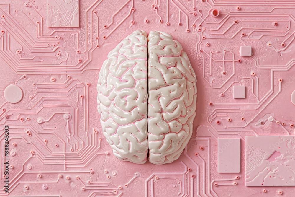 Poster futuristic digital art of a brain with neural connections on a pink background, symbolizing artifici