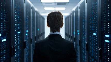 Fototapeta premium A person in a server room, ensuring physical security measures are in place, high-resolution photo, realistic photo, cinematography