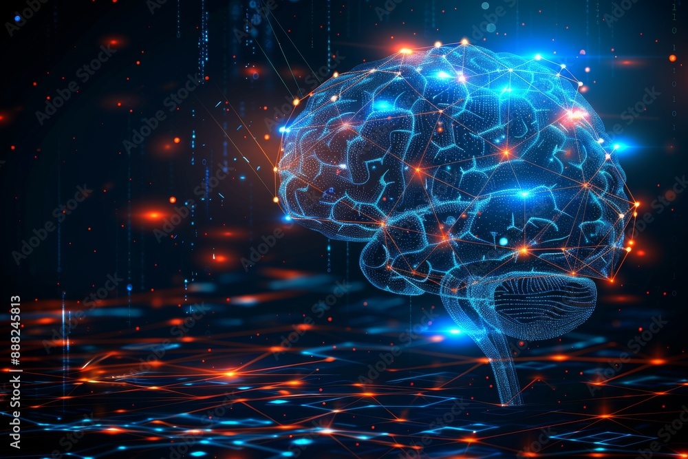 Poster futuristic digital art of a glowing brain with neural connections, symbolizing artificial intelligen