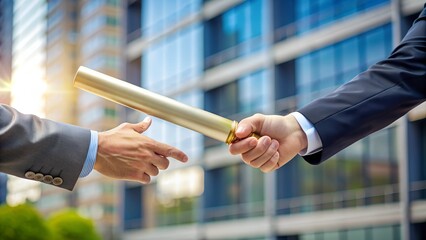 Two hands passing a baton, symbolizing the transfer of leadership and the importance of clear communication in the process