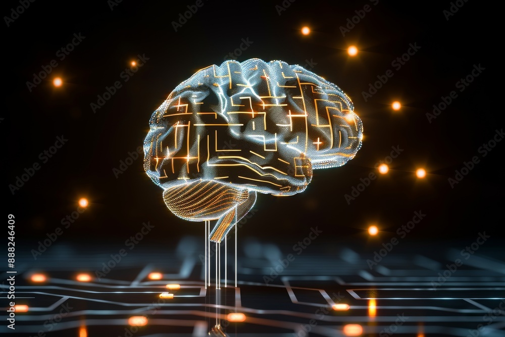 Poster futuristic digital art of a brain with neural connections on a dark background, symbolizing artifici
