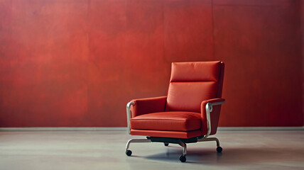 An elegant leather red office chair in front of the wall in the empty room copy space