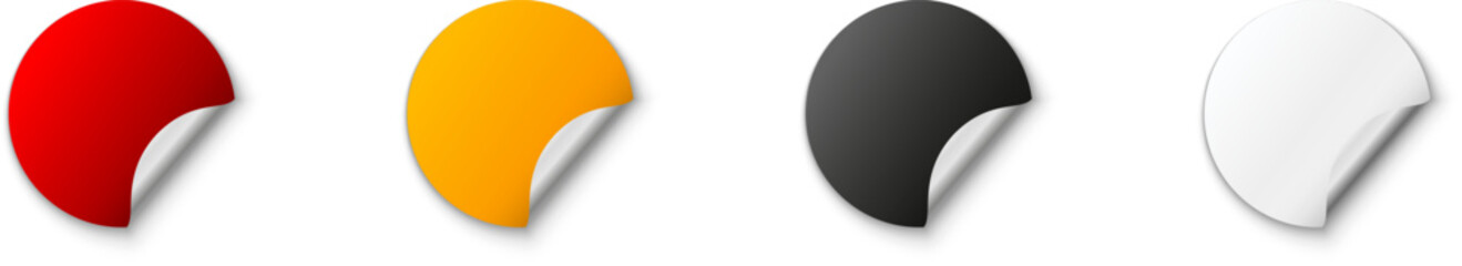 Mockup of realistic paper round stickers in white color with curved corner and shadow. round collection of curved sticky paper circles, vector isolated illustration