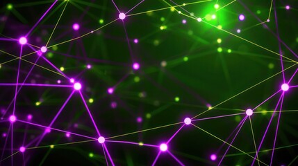 Neon purple dots connected by glowing yellow lines against a dark green backdrop, with designated text space in the upper center