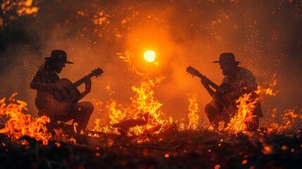Sunrise bonfire gathering  silhouetted figures enjoying music, conversations, and company