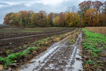 Naklejka premium Autumn landscape with rain puddles and potatoes left to harvest in muddy fields