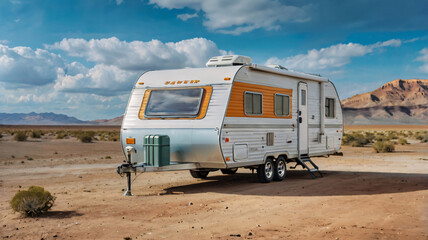 White travel trailer RV camper motorhome parked in desert nature sky with white clouds, copy space