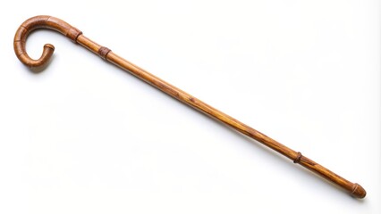 A Handcrafted Wooden Walking Stick with a Curved Handle, Isolated on White Background, walking stick, cane, wood, craft,