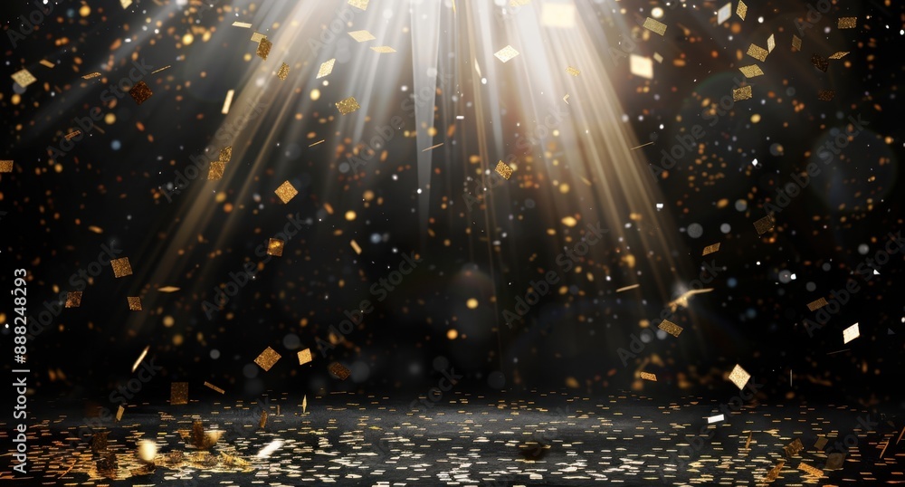 Poster black background with golden confetti and light beams on the floor golden shiny falling particles on