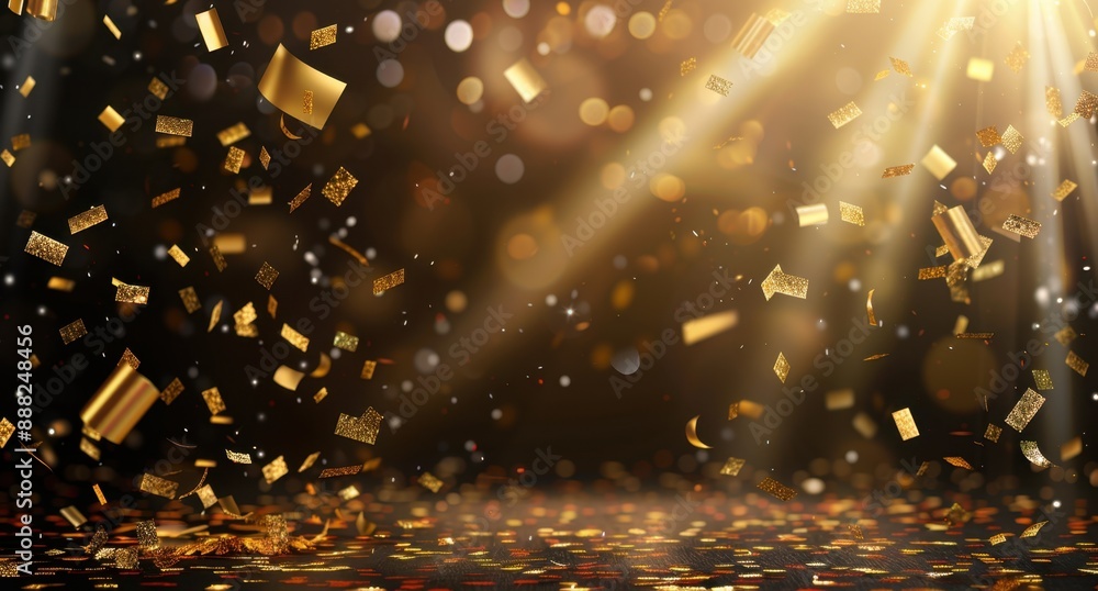 Poster gold confetti falling on stage with spotlight and blurred background the confetti is falling in the 