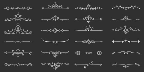 Set of doodles for text separators. Wedding decorative elements. Divider ornament, borders, vintage line dividers. Hand drawn vector illustration on black dark background