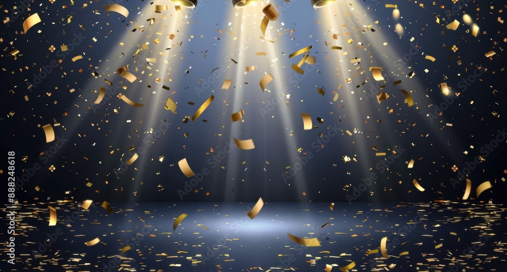 Aufkleber gold confetti falling on stage with spotlight and dark background the confetti is falling in the sty