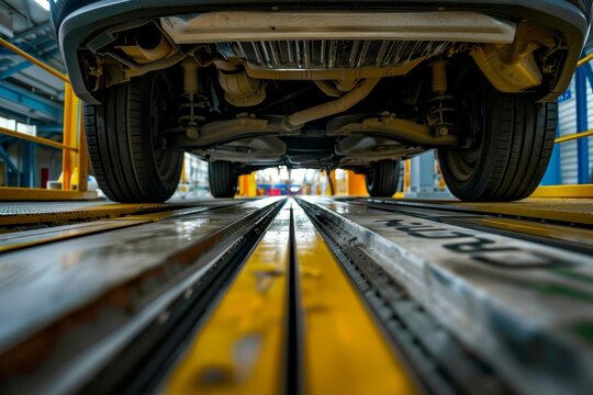 Car undergoing brake test at inspection station