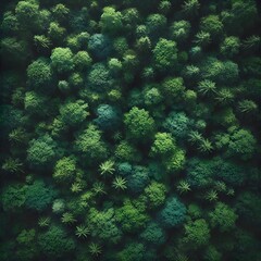 aerial view of a dense, lush green forest with a rich variety of tree canopies and shades of green