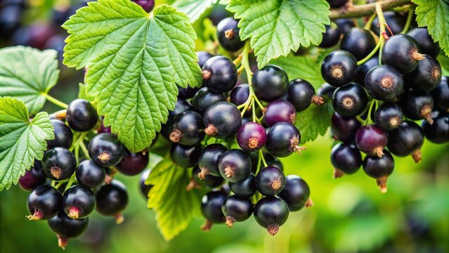 Blackcurrants on a Branch with Green Leaves, Close-up, Nature, Fruit, Garden, Berry , blackcurrant