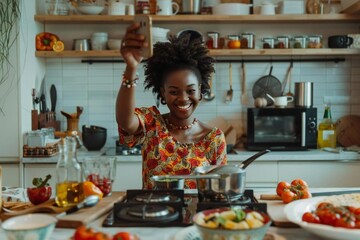 Joyful Afro-American Woman Snapping Selfie in Kitchen with Food and Music