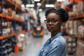 Naklejka premium Young African American Woman Embracing Smart Warehouse Technology: Autonomous Robot Transportation and Automation Concept