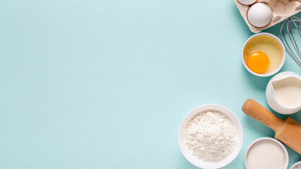 Baking or cooking background. Ingredients, kitchen items for baking.