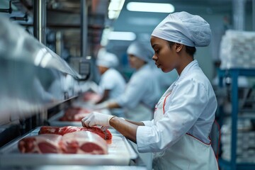 Young African American Female Employee Working on Meat Processing Plant Conveyor Belt Production Line with Packaging