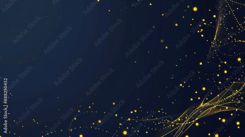 Fototapete pale yellow dots linked by gold threads on a deep navy background, text space in the bottom right