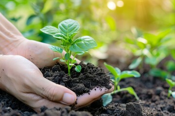 Close up of person holding soil with young plant promoting a green Earth Day