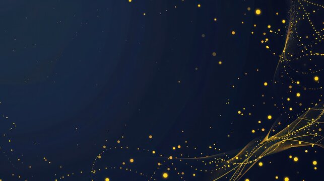 Pale yellow dots linked by gold threads on a deep navy background, text space in the bottom right