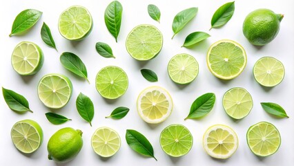 Citrus Burst Limes, Lemon, and Leaves on White Background, citrus, lime, lemon, leaves