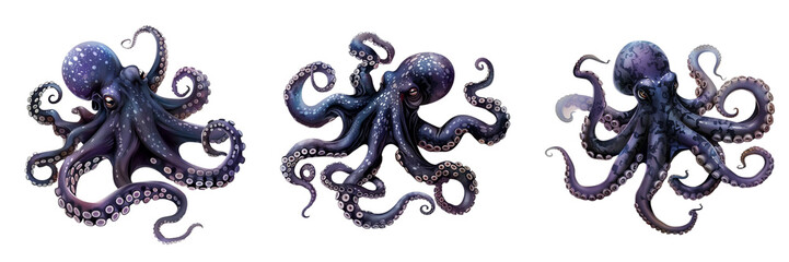 Obraz premium Set of An ethereal watercolor illustration of a majestic octopus floating amidst cosmic galaxies and nebulae isolated on tranparent background