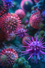 Microscopic view of colorful, spiky structures resembling viruses or microorganisms in a vibrant artistic style.