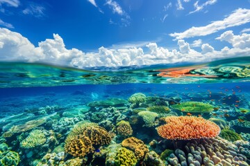Fototapeta premium Coral reef in water with sky above