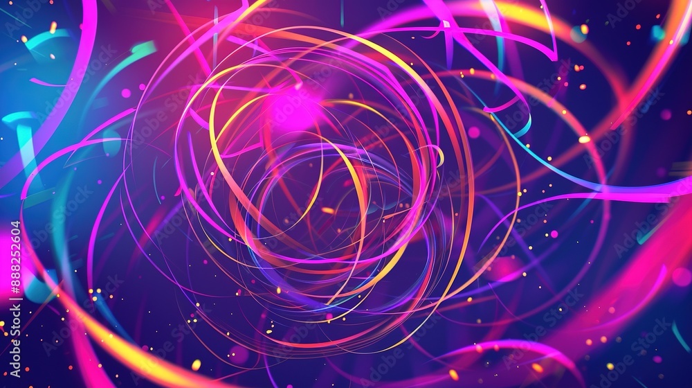 Poster abstract neon lines with glowing circles and particles