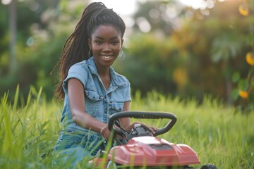 Obraz premium Young African American woman diligently mowing a lawn with a manual mower to keep it lush and green
