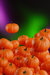 A pile of pumpkins a colorful background.Halloween autumn 3d rendering
