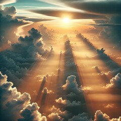 A stunning aerial view of a sunset casting dramatic rays of light through a vast expanse of clouds, creating a breathtaking and ethereal scene