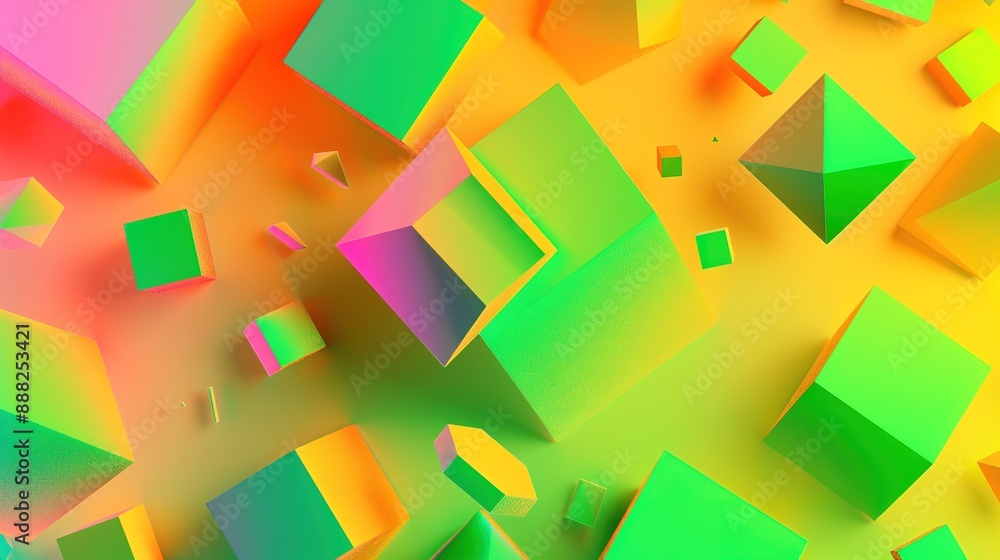 Aufkleber colorful 3d cubes and pyramids floating in a yellow gradient background