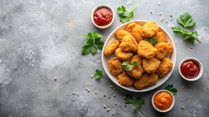 Crispy Chicken Nuggets with Dipping Sauces on Grey Background, Top View, Chicken Nuggets , Dipping Sauces , Appetizer , Fast Food