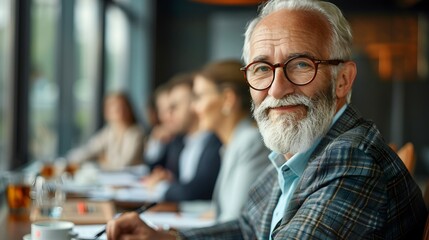 Senior man smiling at a meeting. Generative by AI