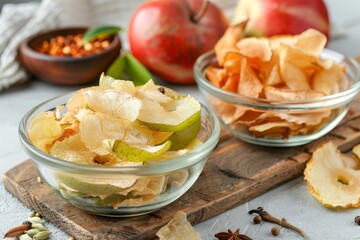 Dehydrated homemade fruit snacks in two bowls one with spices and one without featuring Asian Pear slices
