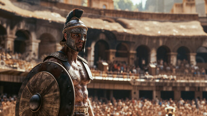 Fierce gladiator stands in packed ancient arena, wielding shield, his face marked by dirt and determination. The crowd blurs behind him, highlighting his intense focus and readiness.