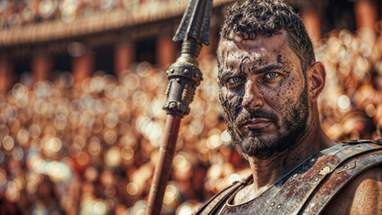Fierce gladiator stands in packed ancient arena, wielding spear, with his face marked by dirt and determination. The crowd blurs behind him, highlighting his intense focus and readiness.