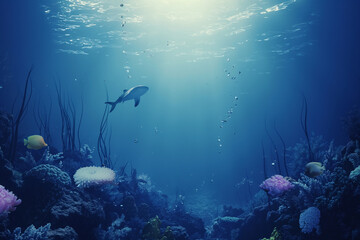 A shark is swimming in the ocean with a school of fish