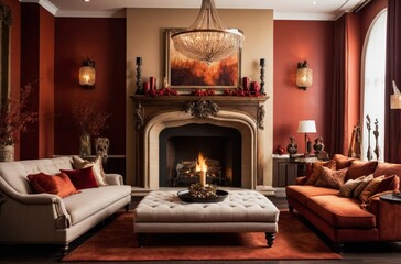 Luxurious living room with fireplace chandelier and red accents decorated for holidays