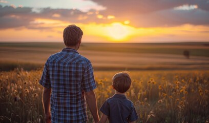 Fototapeta premium Father and son on a farm against a rural sunset