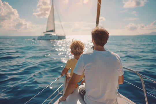 Father and son sailing on a luxury boat